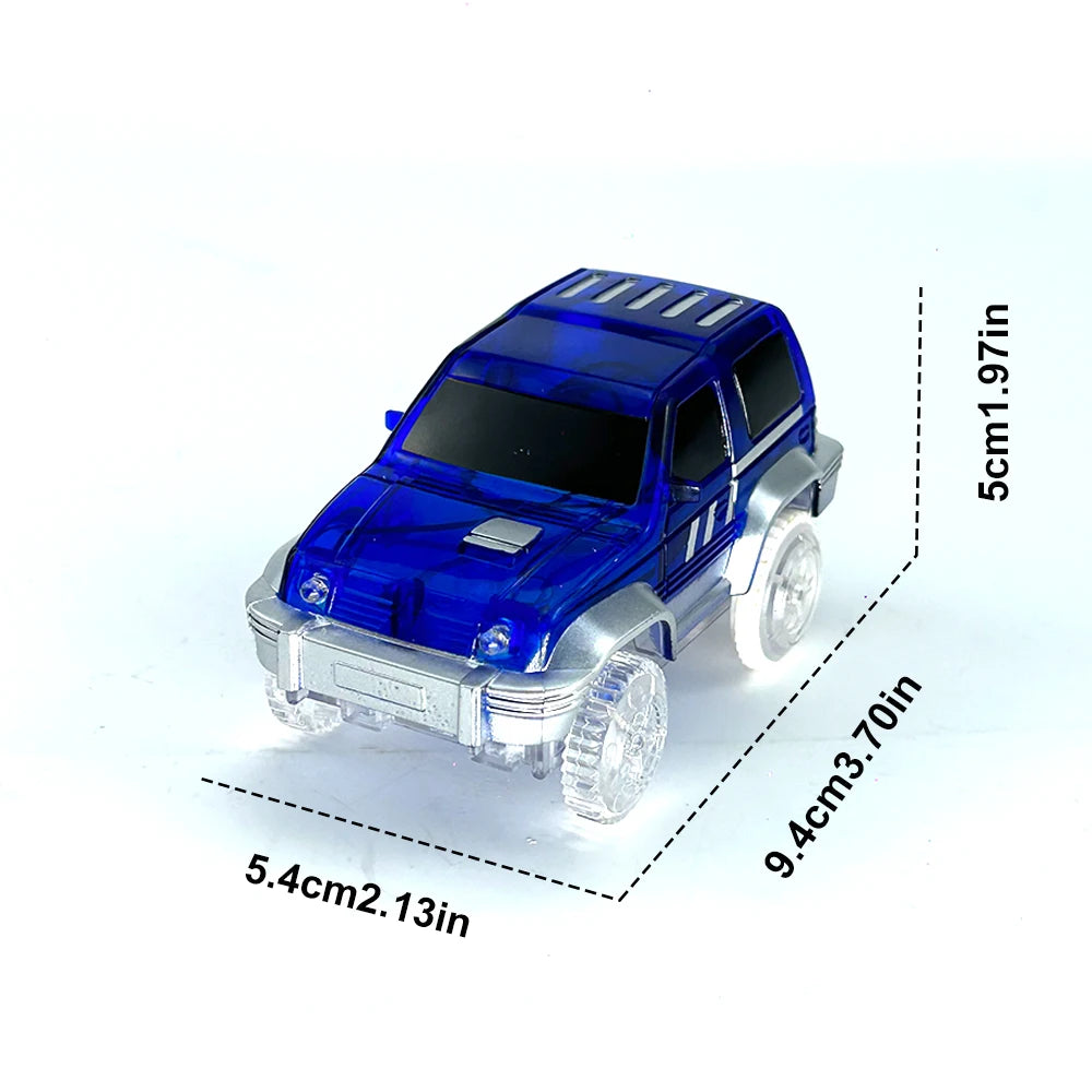 A blue glowing LED race track car toy set for kids shown from the side with dimensions.