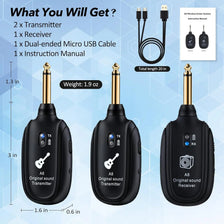 A set of A8 wireless guitar transmitter and receiver system components including transmitters, receiver, USB cable, and instr