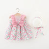 Pink floral baby girl summer dress and sunhat set with bow details