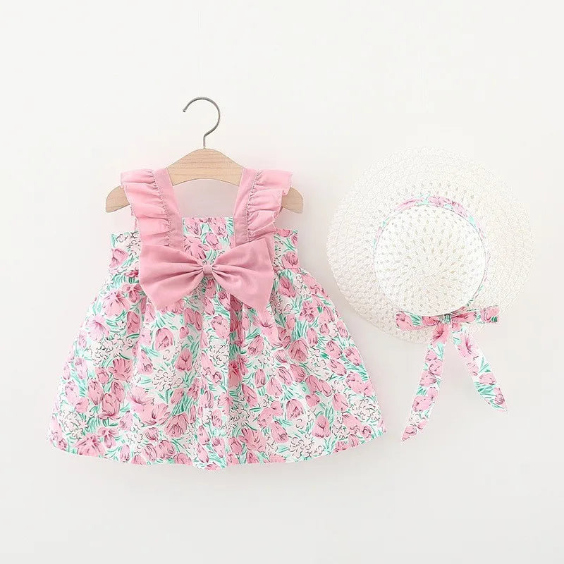 Pink floral baby girl summer dress and sunhat set with bow details
