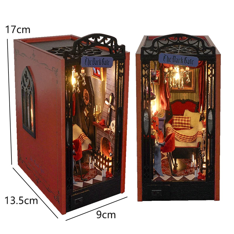 A wooden book nook kit featuring a dark frame and warm LED lighting, displaying a miniature interior scene.