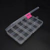 A clear plastic storage box with dividers for jewelry and craft supplies, featuring a pink lid.