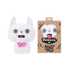 A white plush toy of a cat with pink accents and a bow, displayed next to its packaging box.