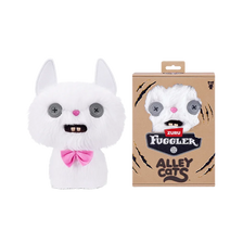 A white plush toy of a cat with pink accents and a bow, displayed next to its packaging box.