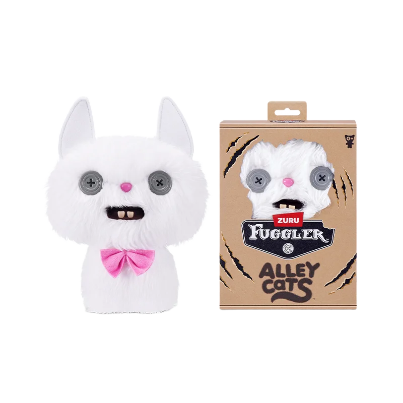 A white plush toy of a cat with pink accents and a bow, displayed next to its packaging box.