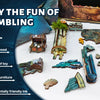 A collection of wooden craft pieces and miniature models showing various woodworking and DIY projects.