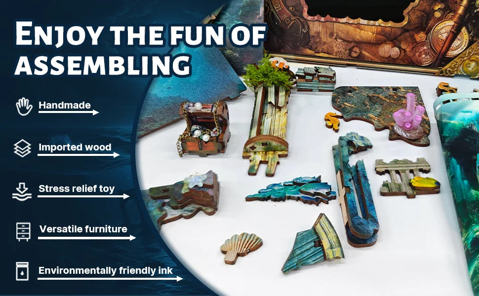 A collection of wooden craft pieces and miniature models showing various woodworking and DIY projects.