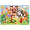 A colorful wooden jigsaw puzzle featuring various animals like a lion, panda, and monkey, set against a rainbow background.