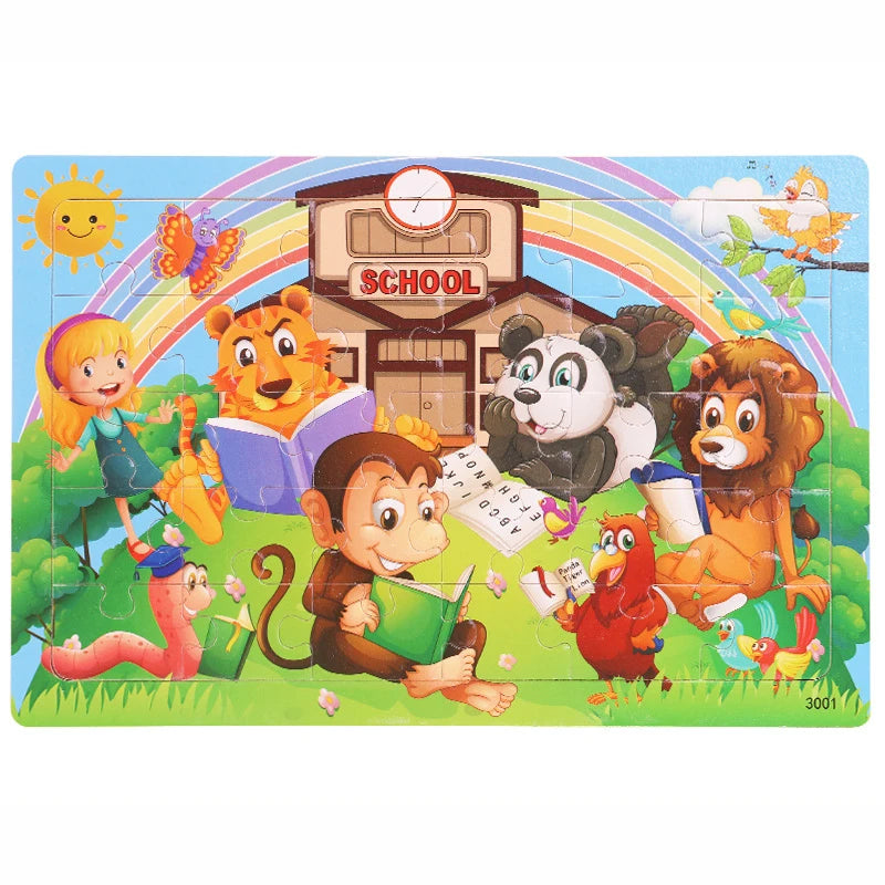 A colorful wooden jigsaw puzzle featuring various animals like a lion, panda, and monkey, set against a rainbow background.