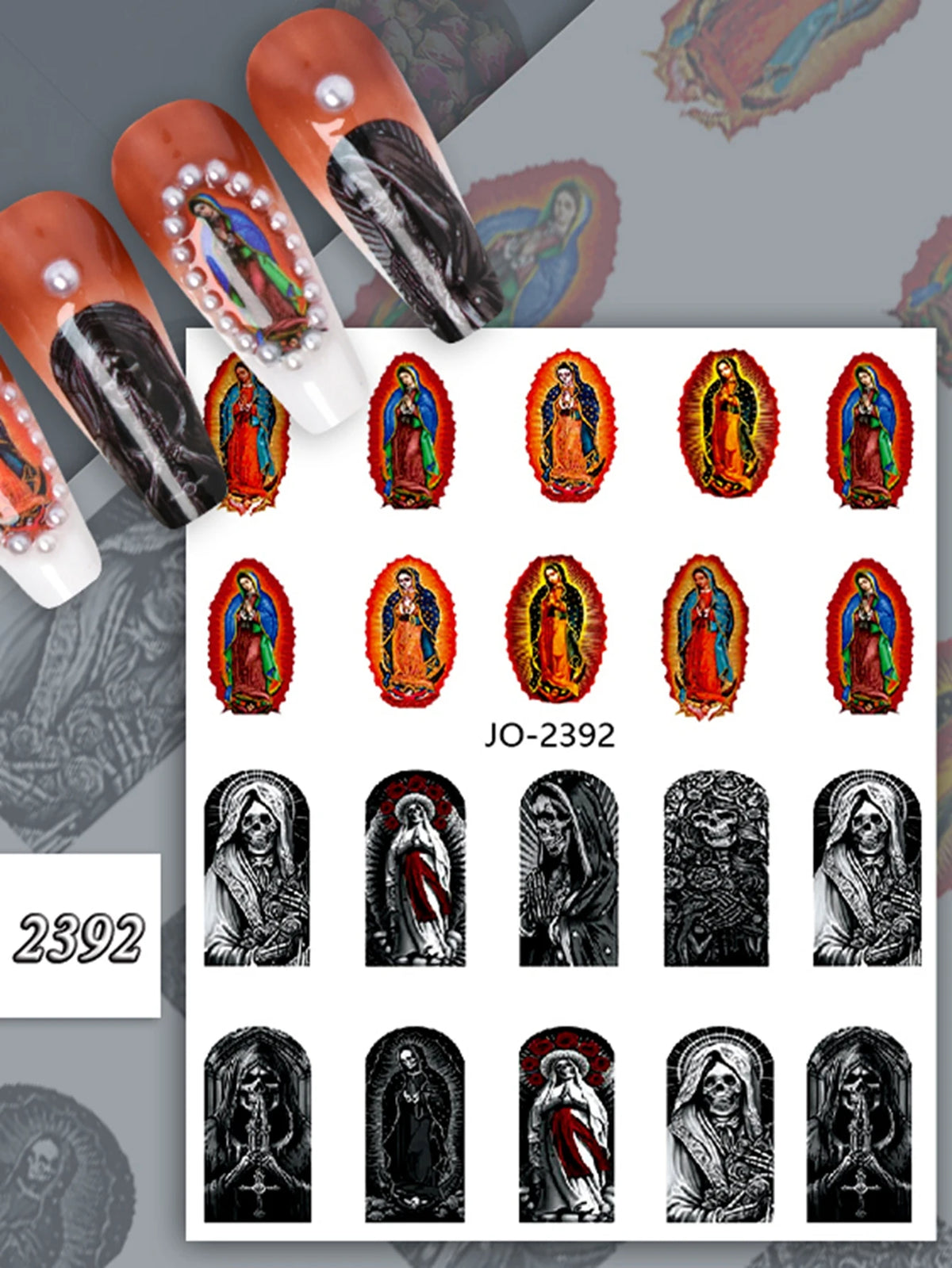 A collection of vintage angel and saint nail art stickers featuring cherubs, crosses, and religious figures.