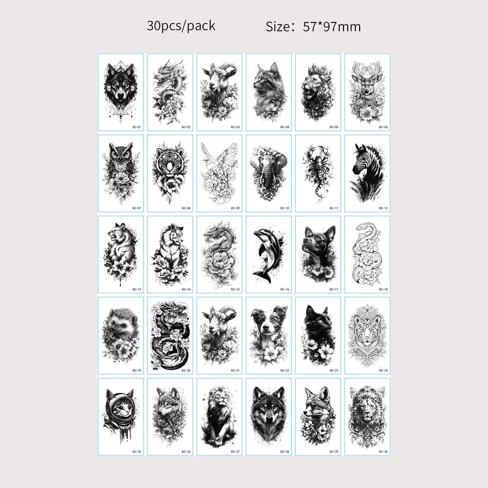A grid of 30 temporary tattoos per pack featuring various animal and nature designs.