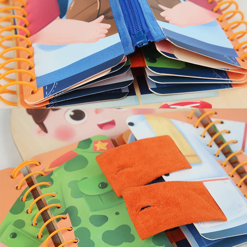 A wooden multi-layer busy board for toddlers featuring colorful layered pieces and orange felt shapes.