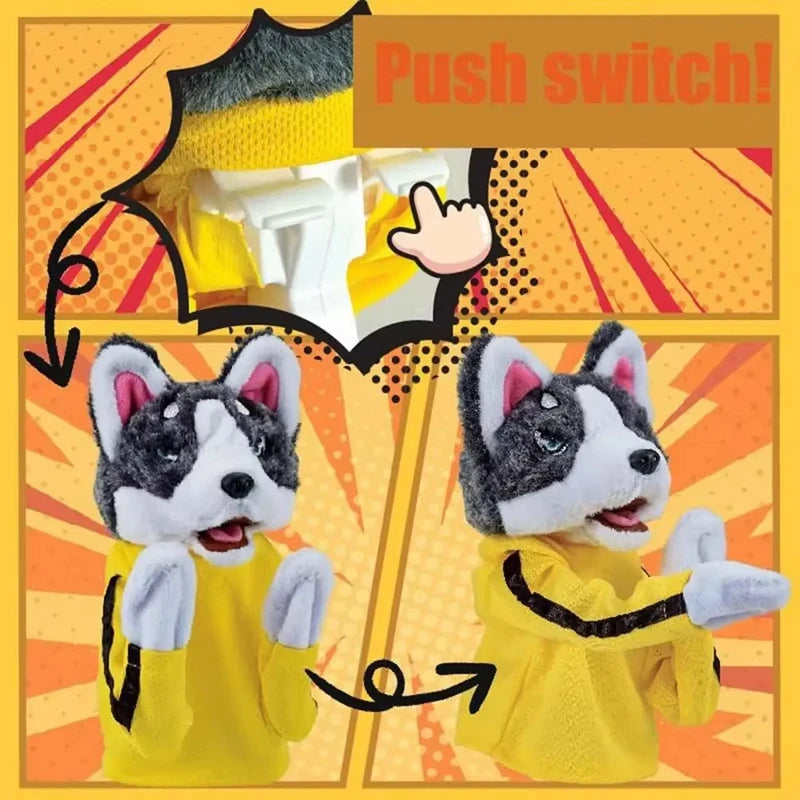 A yellow Kung Fu Husky puppet is shown being pushed by a switch.