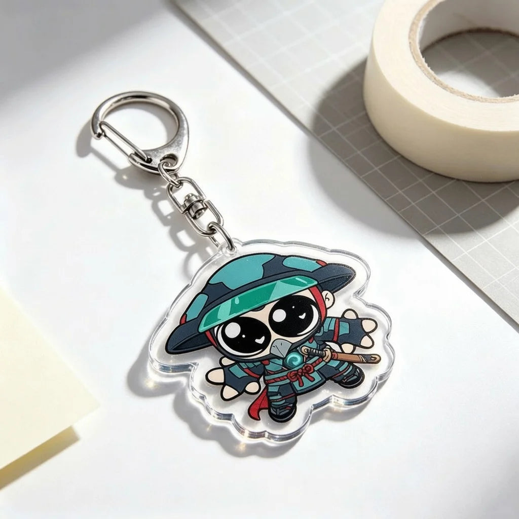 An acrylic keychain charm featuring an anime-inspired character with a mask and tactical gear.