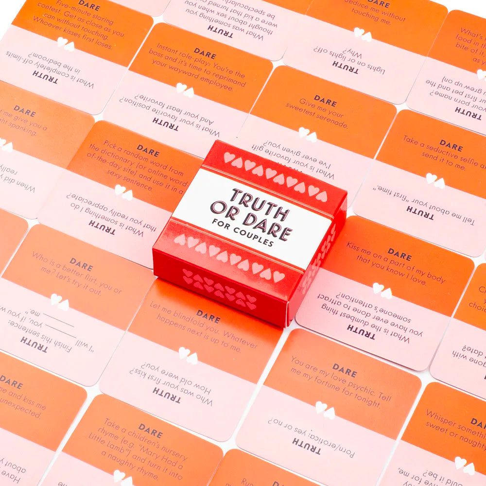 A deck of red Truth or Dare cards for couples featuring various spicy date night prompts