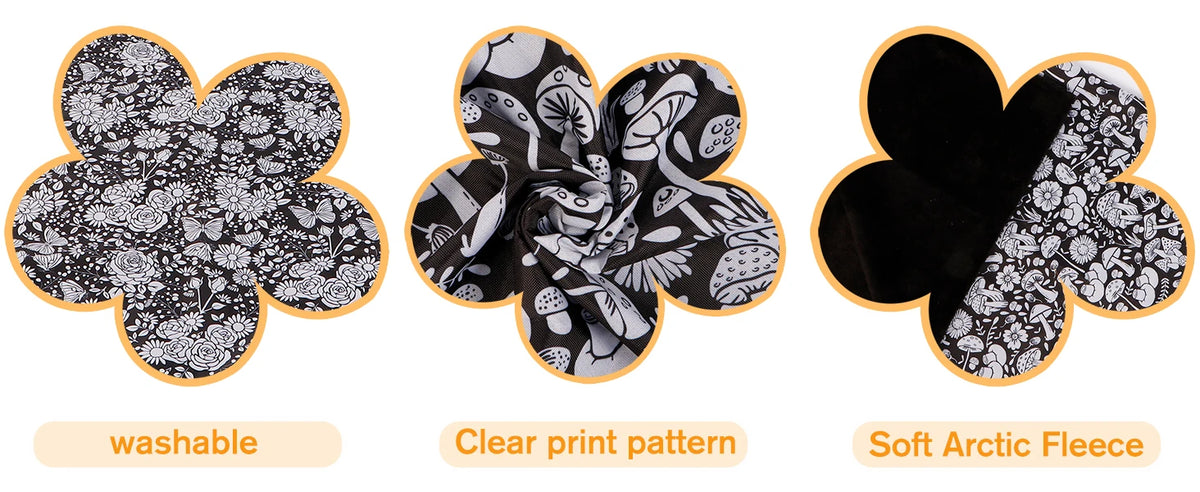 Three views of a black and white floral patterned blanket featuring a clear print pattern and soft arctic fleece texture.