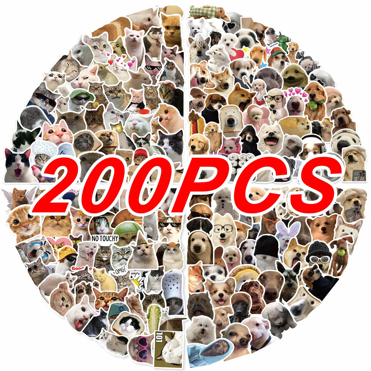 A circular arrangement of various cute cat and animal stickers for crafting and decorating