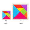 Two wooden tangram puzzles, small and large, showing different color combinations.