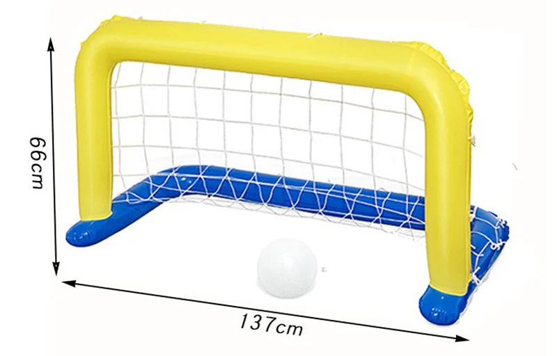 Yellow and blue inflatable water volleyball net frame with a white ball for pool fun