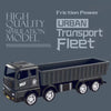 A black pull-back container truck toy model with a cargo box and wheels.