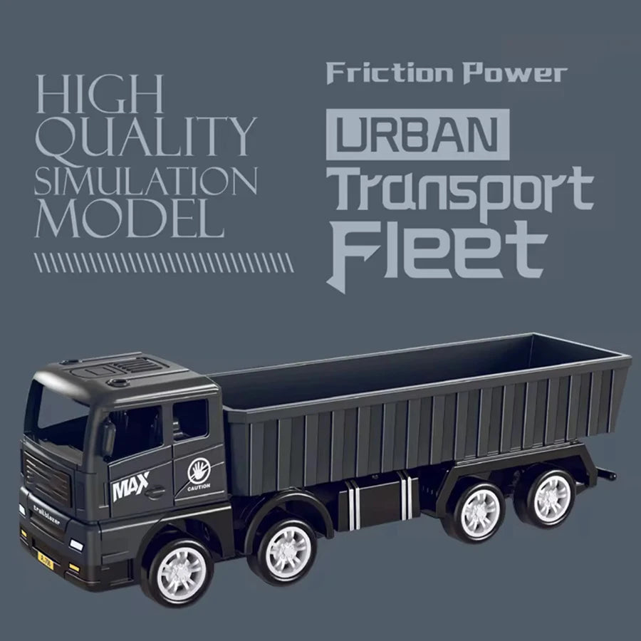 A black pull-back container truck toy model with a cargo box and wheels.