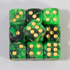 A set of ten green and black acrylic dice with gold dots and rounded corners.