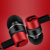A pair of red and black in-ear wired earbuds shown against a red background.