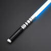 A blue lightsaber toy with a metal handle and glowing blade is shown against a dark background.