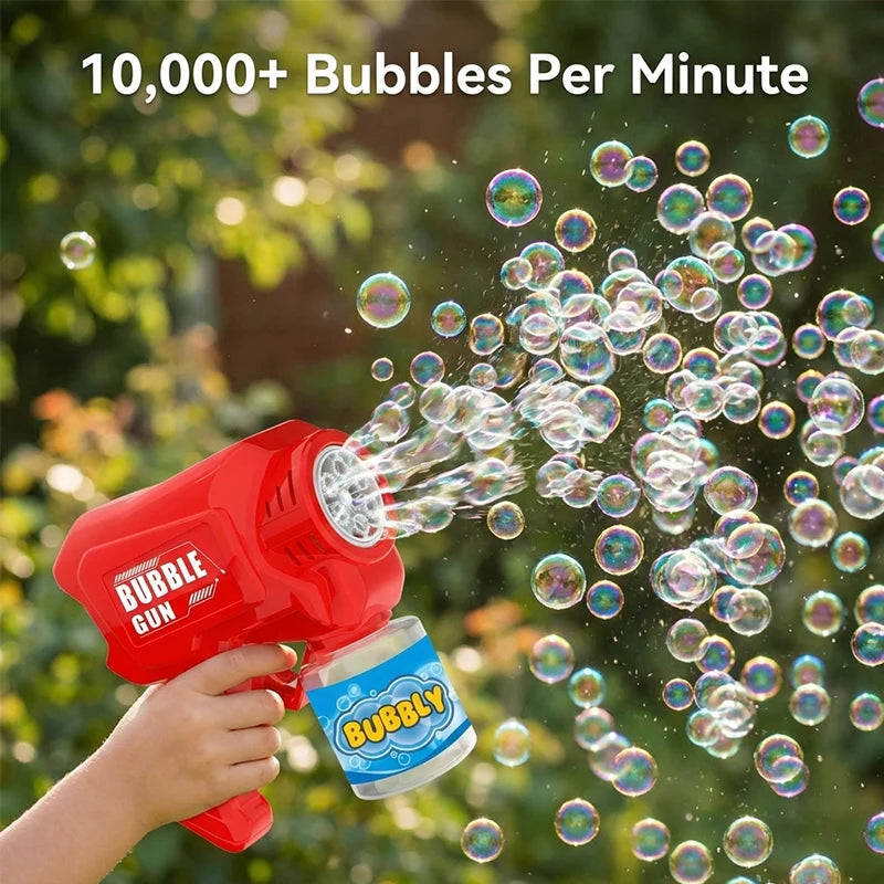 A hand is holding a red bubble gun that is shooting numerous bubbles into the air.