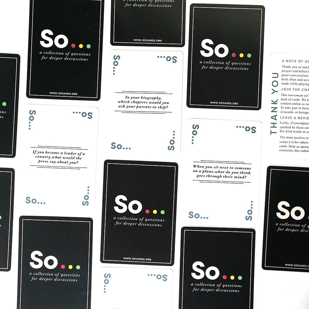 A collection of cards for deeper discussions featuring the text So and ellipses