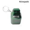 A green rechargeable LED frog croaking keychain fidget toy attached to a metal ring.