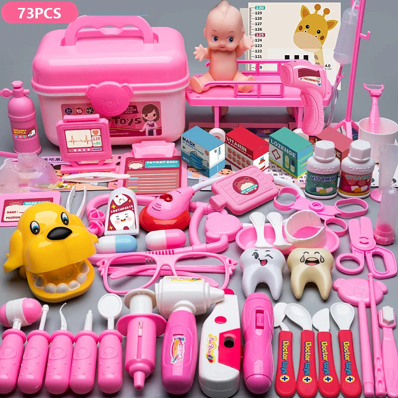 A pink kids doctor pretend play set featuring various electronic medical tools and accessories for role-playing.