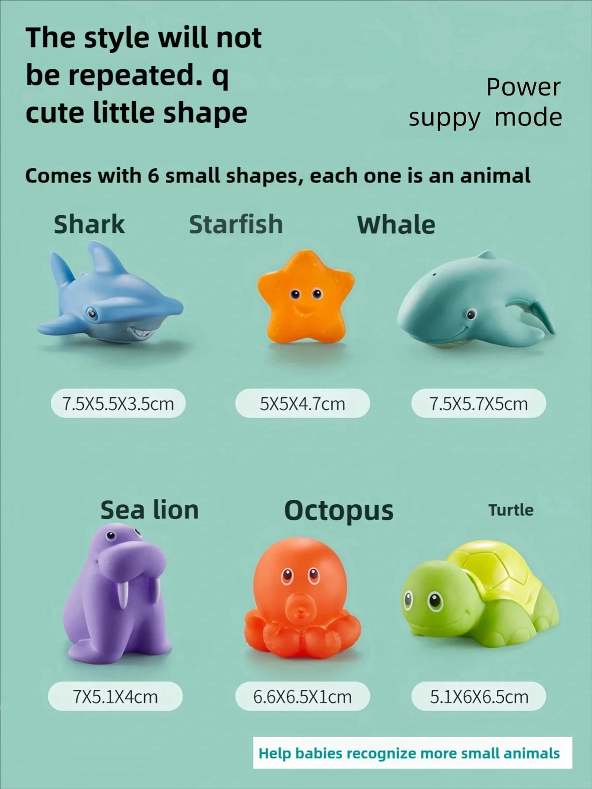A set of six small animal-shaped toys including a shark, starfish, whale, sea lion, octopus, and turtle for baby recognition.