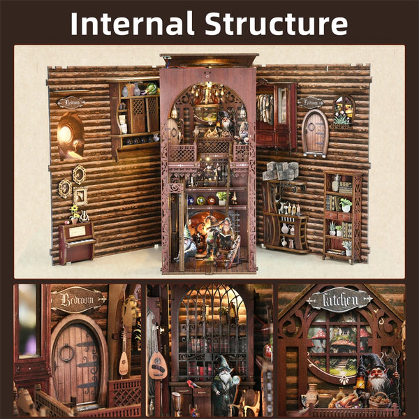 A detailed wooden book nook miniature display featuring various scenes and figures.