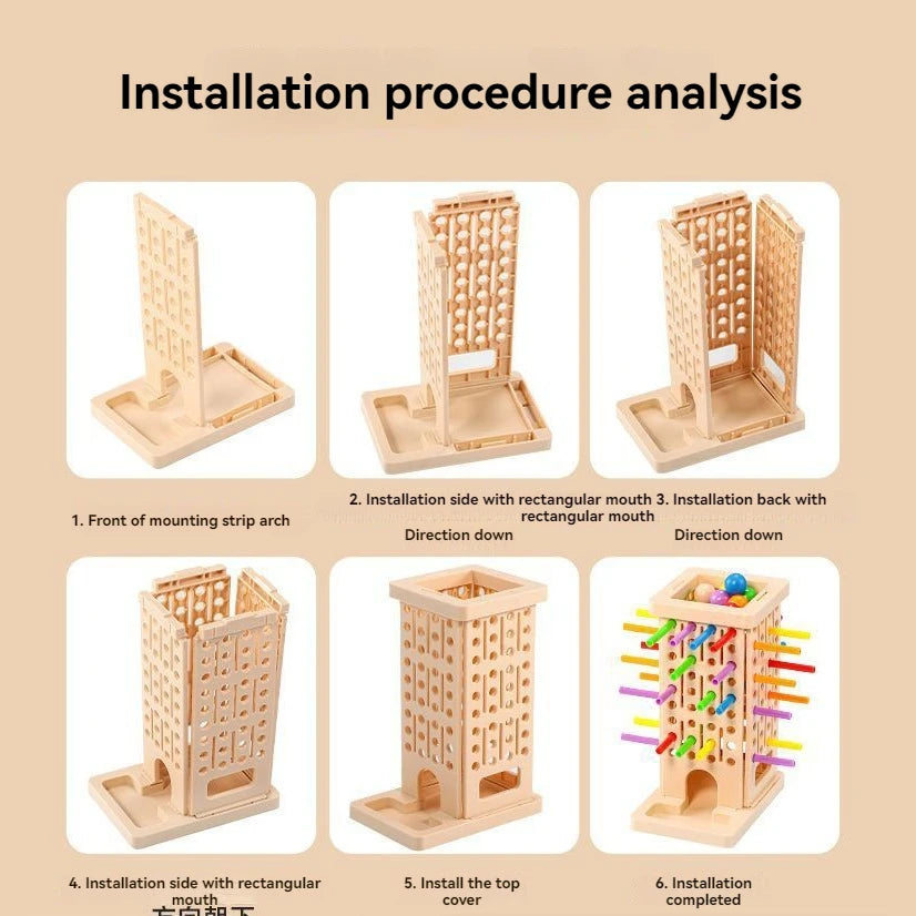 Step-by-step installation procedure analysis for a wooden stacking tower game.