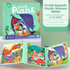 A tri-fold magnetic puzzle set featuring dinosaur characters on a green background.
