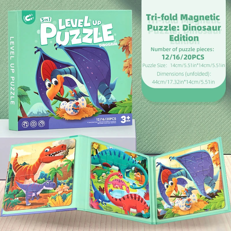 A tri-fold magnetic puzzle set featuring dinosaur characters on a green background.