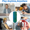 A spiky teal fidget roller stress relief keychain is shown in various contexts including a person using it, on a laptop, and 