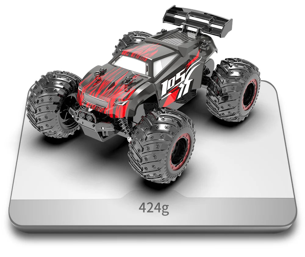 A black and red 1:18 scale 4WD off-road RC monster truck with large tires and a light bar.