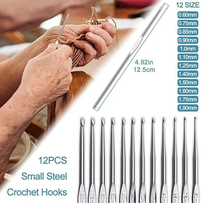 A set of 12 small steel crochet hooks in various sizes is being used to work with yarn.