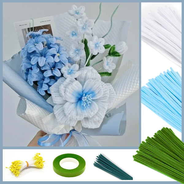 DIY blomsterformingssett med blå og hvite blomster, grønne og blå piperensere og blomstertape.