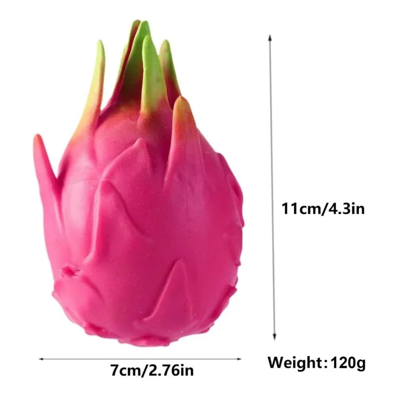 A bright pink fruit squishy stress relief fidget toy with a vibrant green tip, shown from the side.