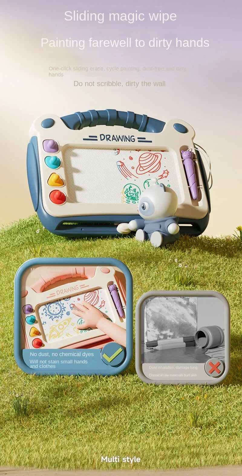 A sliding magic wipe drawing board for kids in blue and white, shown with a cleaning wipe and a storage case.