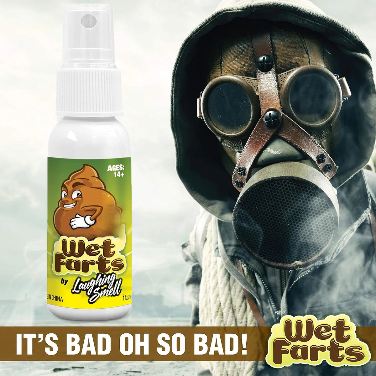 Un flacon de spray à odeur de flatulences amusantes à côté d'une personne portant un cagoule et des lunettes de protection en