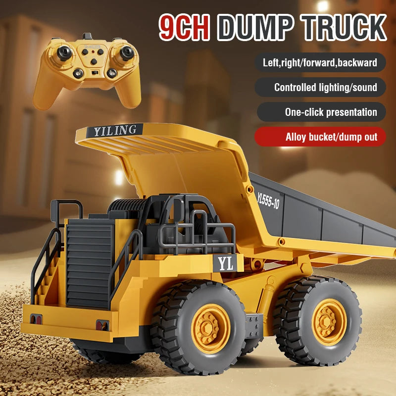 A yellow dump truck remote control vehicle with a yellow controller is shown on a textured surface.