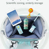 A light blue mommy backpack is shown open, displaying scientific zoning and orderly storage with various items inside.