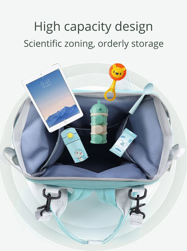 A light blue mommy backpack is shown open, displaying scientific zoning and orderly storage with various items inside.