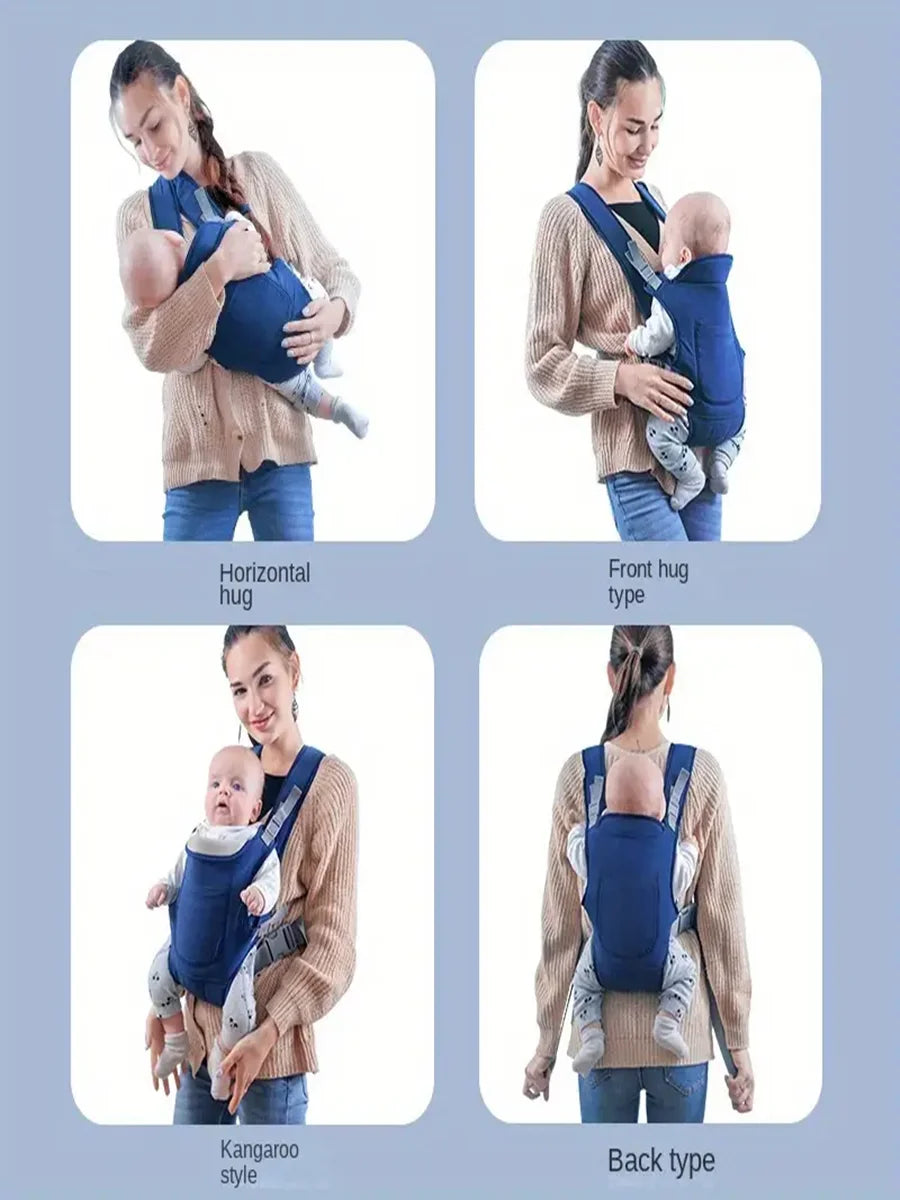 Images showing various ways to wear a baby using an all-season multi-position baby carrier sling including horizontal, front 