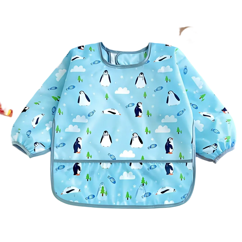 Light blue full-sleeve waterproof baby bib featuring a cute cartoon design of penguins and clouds.
