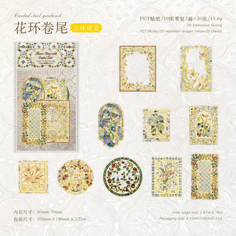 A set of decorative PET stickers featuring floral designs for journaling and scrapbooking